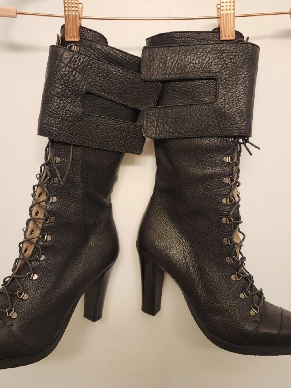 Gibellieri Black Leather / Zip Lace Up Mid-Calf 4 Inch Heel Boots 40.5 / US 10
